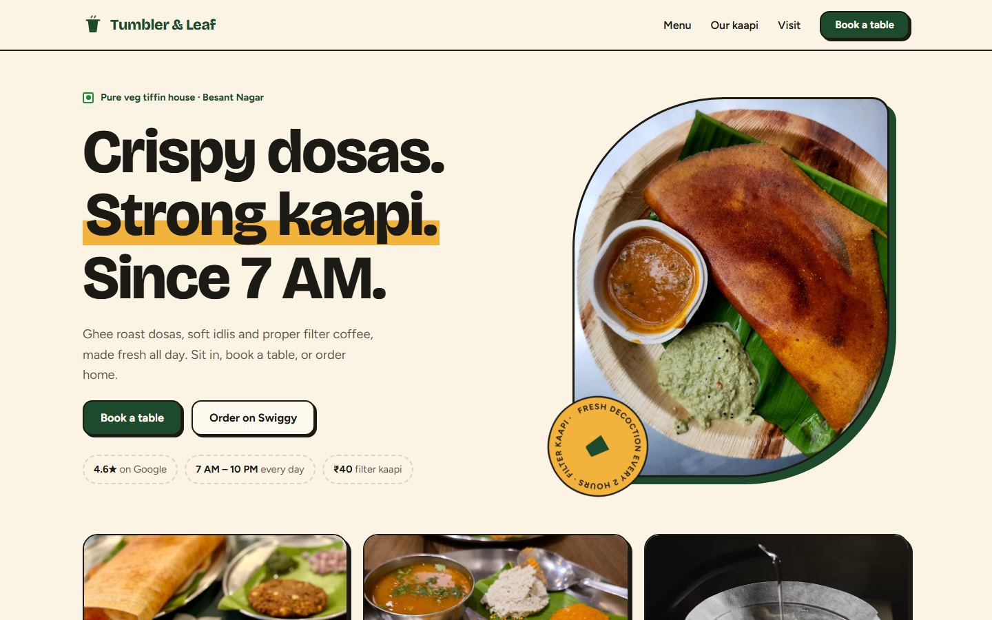 Tumbler and Leaf restaurant home page
